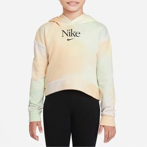 Nike girls French Terry pullover hoodie sweatshirt in rainbow orange pink green.